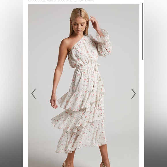 Showpo. Dresses & Skirts - NWOT NBW Showpo One Shoulder Tiered Floral White Midi Dress
